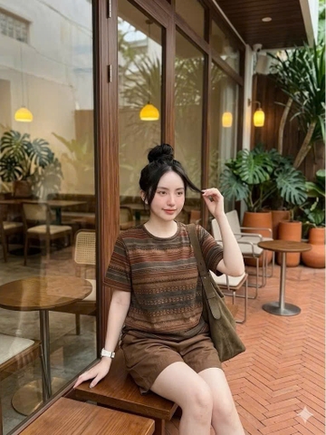 SET1002- Set áo đũi thổ cẩm phối quần cộc nâu
