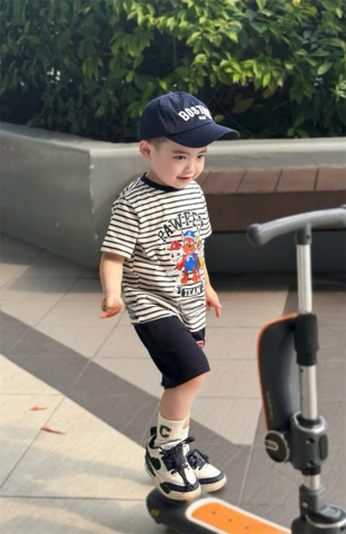 BN090- Bộ thun kẻ xanh than PAW mix quần chân cua