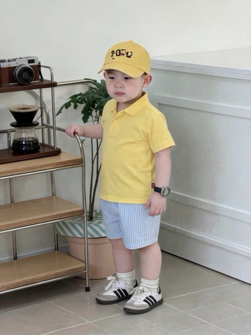 [KEM MU] BT976- Bộ polo vàng thêu logo kèm mũ quần kẻ xanh