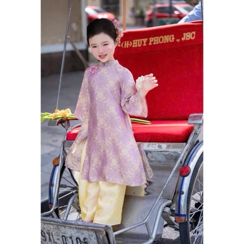 Bt787-Bộ áo dài bé gái cách tân màu tím quần vàng đính cúc bọc TẶNG KÈM BỜM MAI LINH KI