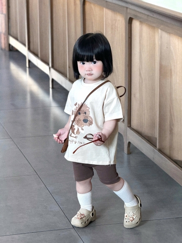 BT868-Bộ thun nâu cộc tay phối quần legging cộc cho bé gái 9-24kg