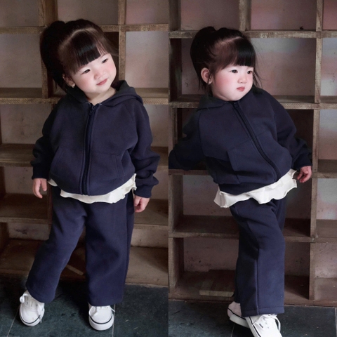 BN111-Bộ nỉ dài tay kéo khoá xanh than phối trắng bé gái