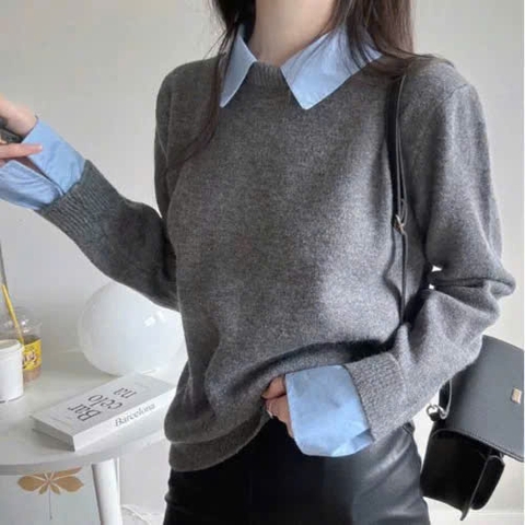 A340-Aó len xám phối cổ sơ mi hàng Quảng Châu