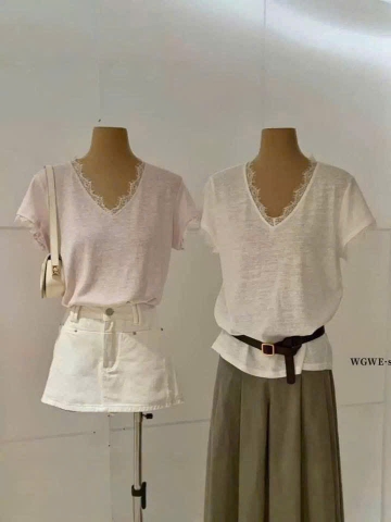 A630-Combo 3 áo thun cộc tay phối viền ren đen trắng hồng