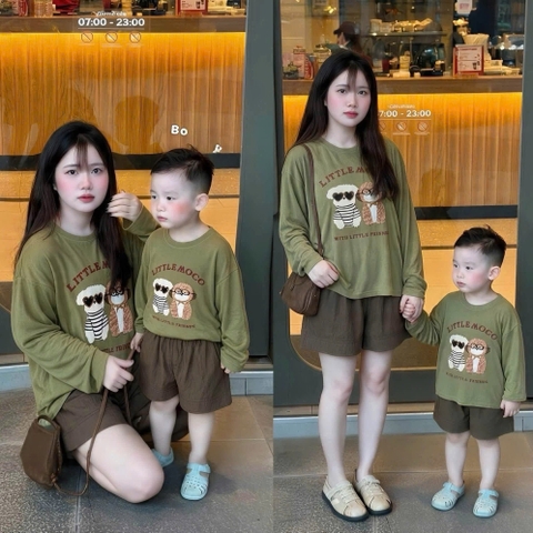 SET1033- Bộ mặc nhà mẹ con áo thun dài tay xanh rêu phối quần nâu