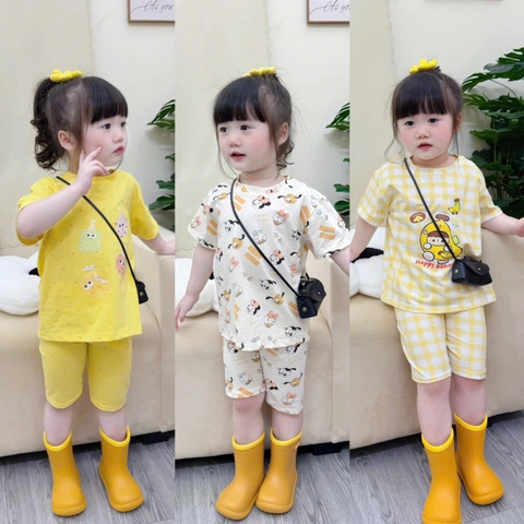 BT864-ComBo 3 bộ cộc tay cotton mát vàng trắng cho bé 9-27kg