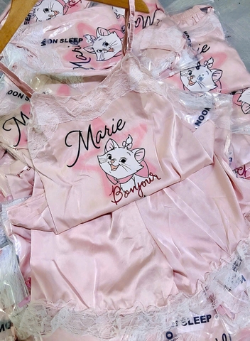 Set689- bộ lụa mèo kitty viền ren 2 dây màu hồng