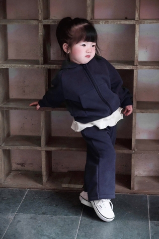 BN111-Bộ nỉ dài tay kéo khoá xanh than phối trắng bé gái