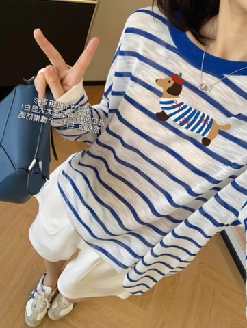 Set706- Set áo thun xước dài tay kẻ xanh phối quần short