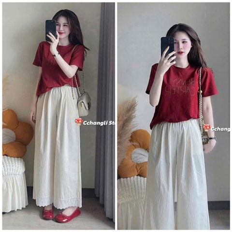 SET483-Set áo thun suông đỏ phối quần ống rộng ren