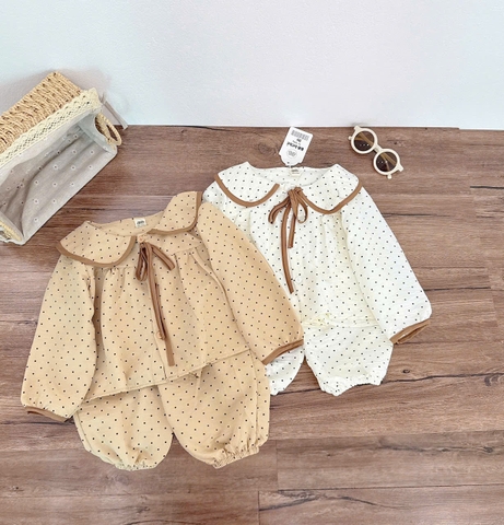 CB390- Combo  2 pijama xô đũi chấm bi vàng be bé gái