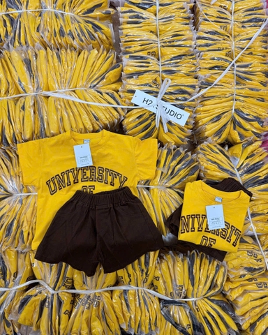 BT456- Bộ ao cotton Unive vàng mix quần cua màu nâu