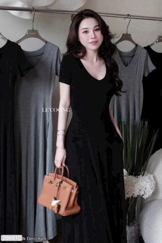 Dam194-Đầm xòe dáng dài cổ tim 2 màu đen-XÁM chất ZIP