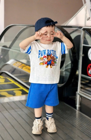 BN092- Bộ PAW trắng xanh áo cottn mix quần cua