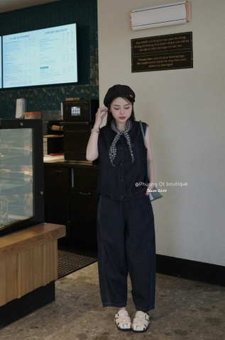 Quan078- Quần baggy jean xanh than viền sọc