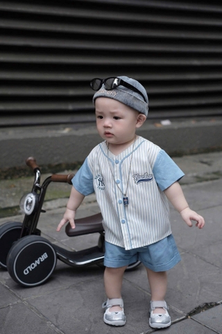 BT613- Bộ viền kẻ xanh cotton thêu chữ