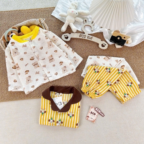 BT1086- Combo 2 bộ pijama vàng trắng cổ đức-cổ tròn