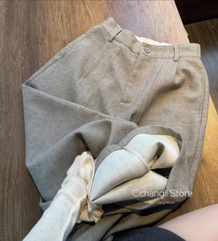 Quan090-Quần dạ nâu cạp chun dáng suông