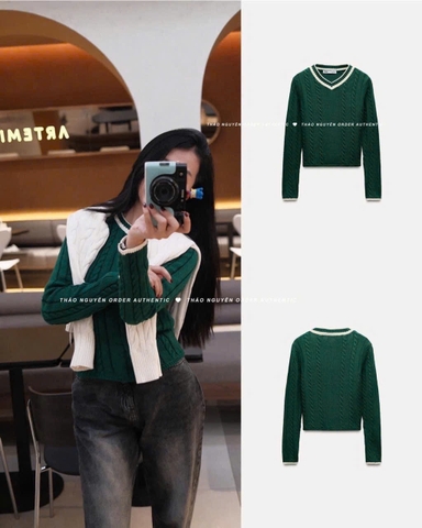 A410-Áo len dệt kim xanh lá phối viền hàng nhà máy