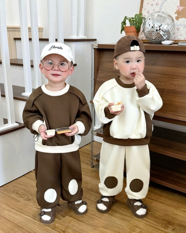 BT658- Bộ nỉ haida dài tay thu đông bé trai phối màu nâu trắng