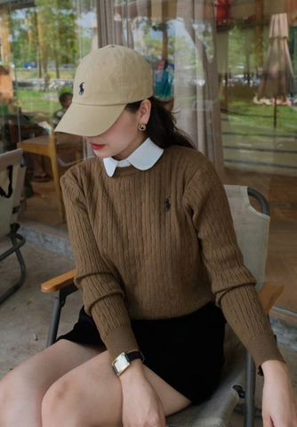 A459- Áo len cổ tròn màu nâu thêu ngựa hàng nhà may đủ tem