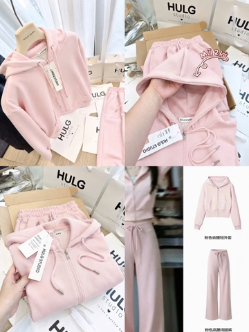 Set1051- Set áo nỉ hồng có mũ phối quần suông