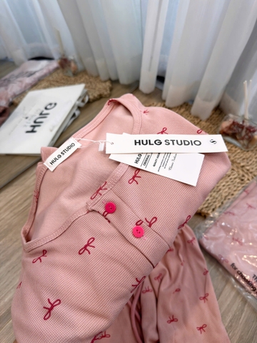 Set1042- Bộ pijama mặc nhà nơ hồng vải tăm mềm