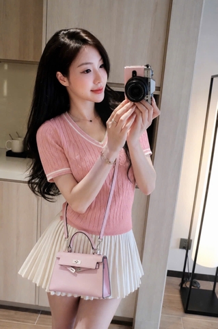a663-Áo len thừng cộc tay 3 màu xanh hồng trắng