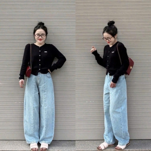 Quan095-Quần jean suông 2 màu xanh và nâu dài 100cm TẶNG KÈM ĐAI