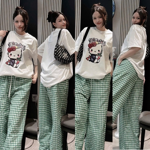 Set901- Set mặc nhà áo thun cộc tay phối quần kẻ xanh suông