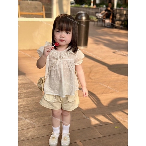 SETKID030-SEt áo đũi bèo trắng mix kèm quần be bé gái loại đẹp