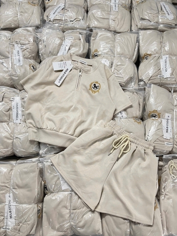 SET910-Set áo thun nỉ kéo khoá phối quần short màu be