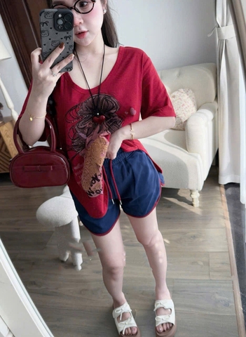 Set619- Set bộ áo cộc đỏ cô gái mix quần viền màu than chất cotton