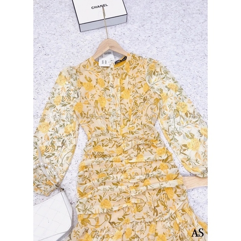 ⚡️BÁN SỈ⚡️Đầm đuôi cá nhún eo tay bồng hoạ tiết hoa vàng