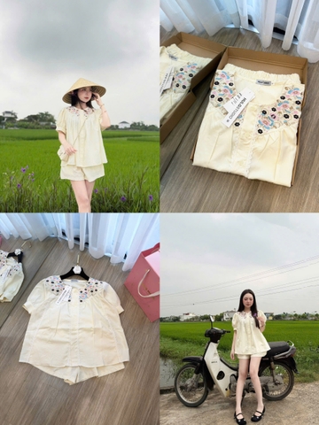 SeT969- Set thêu cộc trước ngực dáng BBD màu be