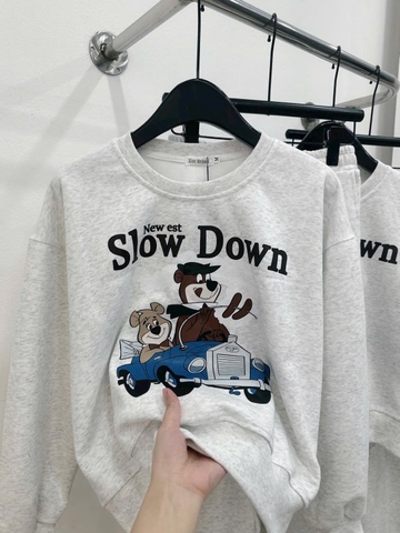 Set855- Bộ nỉ xám in chữ SLOW quần suông