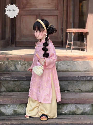 bt829- Bộ áo dài bé gái màu hồng quần vàng lụa vân chìm