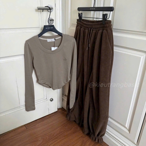 Set790- Set áo nâu dài tay mix quần nhung nâu đậm