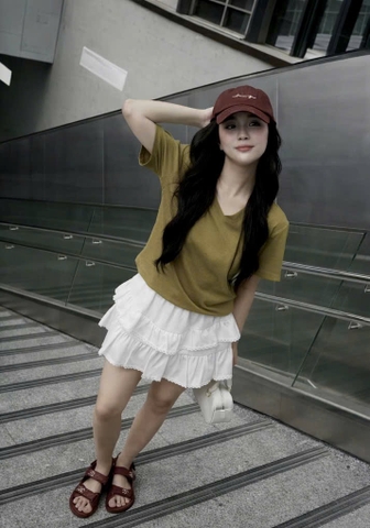 A545-Áo thun cổ tim màu xanh mù tạt hàng nhà máy đủ tem