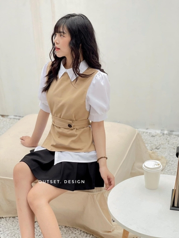 Áo sơ mi cổ đức phối 2 màu kèm belt rời