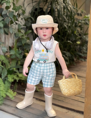 Bt556- Bộ oto quần kẻ xanh cotton bé trai chất mát