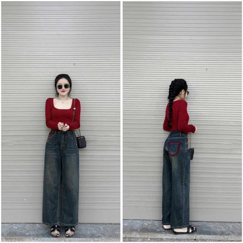 QUAN012- Quần jeans suông túi thêu đỏ 2 màu trắng,xanh