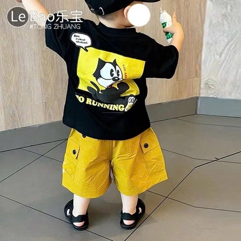 BT540- Bộ áo cotton MÈO ĐEN mix quần kaki vàng cạp chun