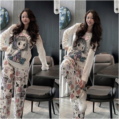 set816- bộ cô gái cotton màu trắng quần suông in cạp chun