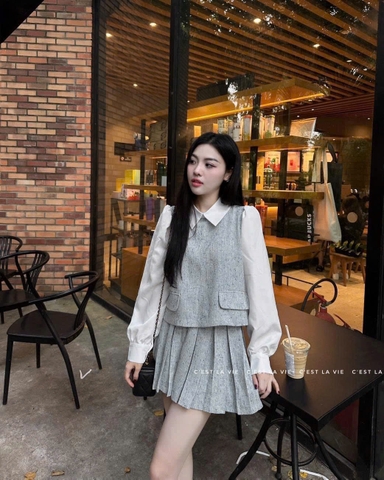 SET361- Set áo somi phối dạ và chân váy xếp ly nâu xám