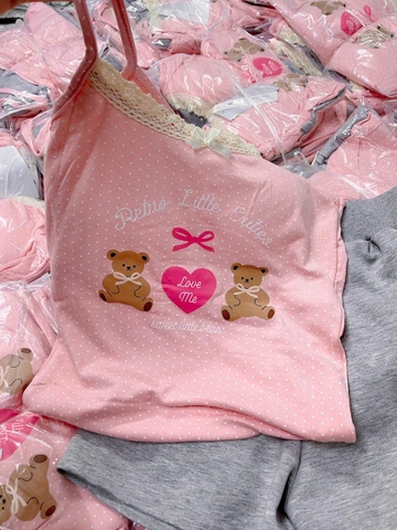 Set610- Bộ áo dây Pink viền ren hồng quần xám có đệm ngực