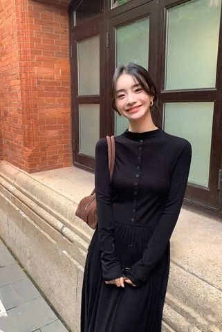 Dam185- Váy midi đen dài phối cúc cộc tay