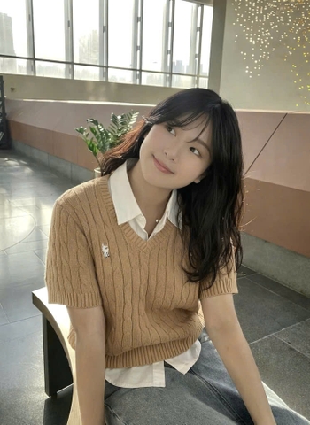 A536-Áo len thừng cộc tay cổ V màu nâu hàng nhà máy đủ tem
