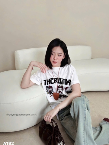 A250- áo thun trắng dáng suông in lụa RUITIXI