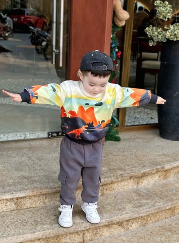 BN323-Bộ nỉ bông KHỦNG LONG CAM mix nỉ bông núi hộp bé trai